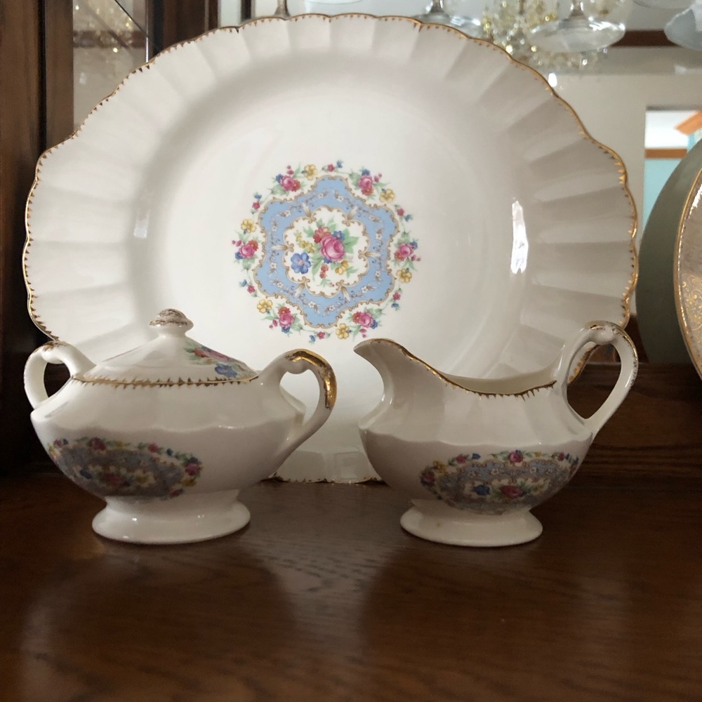Antique United Utilities Corp 22K trimmed gold platter, sugar bowl & creamer